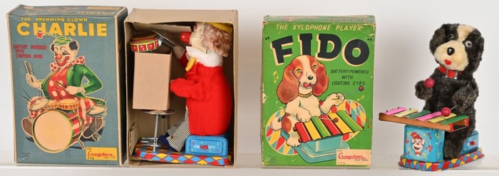 2- JAPAN BATTERY OP TOYS, FIDO & CLOWN w/ BOXES