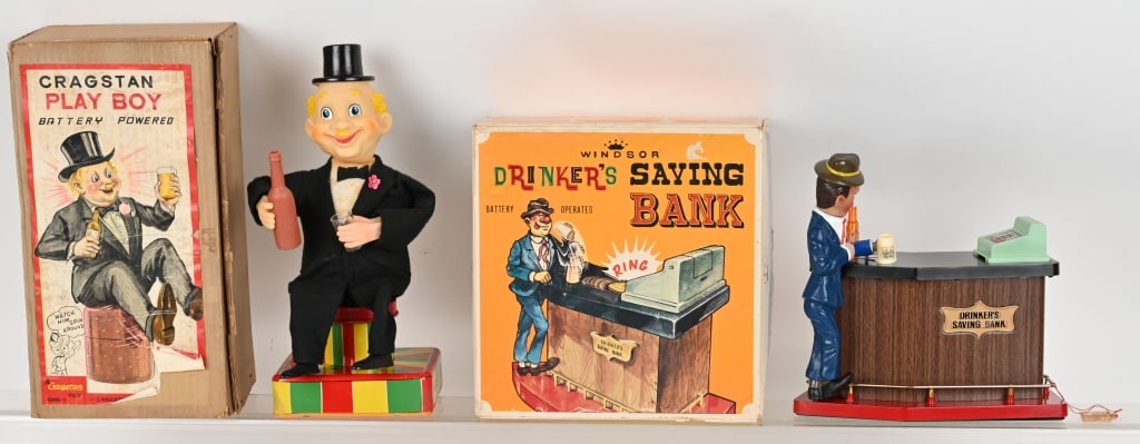 JAPAN BATTERY OP DRINKER BANK & PLAYBOY w/ BOXES: Lot includes Drinkers Saving Bank, along with Cragstan Playboy. Both worked when tested, Include original boxes. Largest is 10" Excellent
