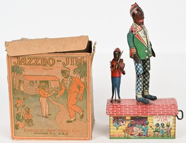 UNIQUE ART TIN WINDUP JAZZBO JIM & FIDDLER w/ BOX