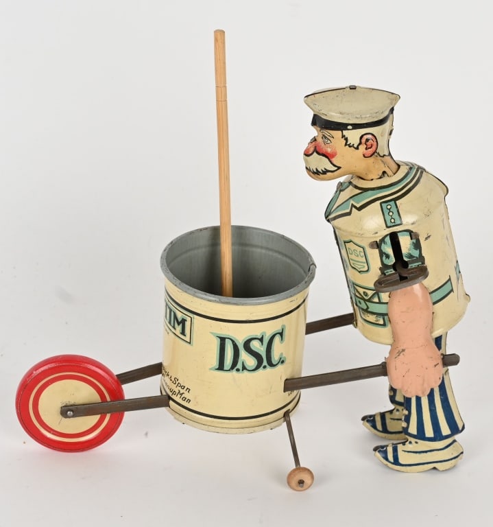 MARX TIN WINDUP TIDY TIM STREET SWEEPER: Marx tin windup Tidy Tim Street Sweeper. All original in great condition. Comes with Broom. Windup works. 9" Excellent