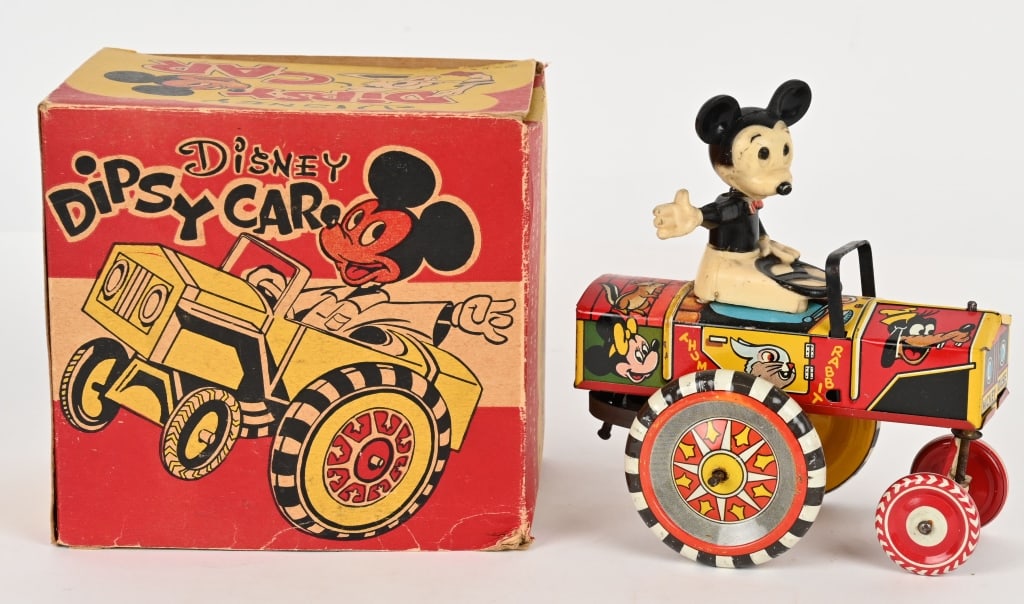 MARX TIN WINDUP MICKEY MOUSE DIPSY CAR w/ BOX: Marx tin windup Mickey Mouse Dipsy Car. All original with great colors and graphics. Windup works. Boxed 6" Excellent