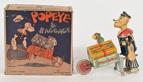 MARX TIN WINDUP POPEYE & BAGGAGE w/ BOX