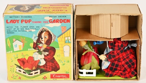 JAPAN BATTERY OP LADY PUP TENDING GARDEN, w/ BOX