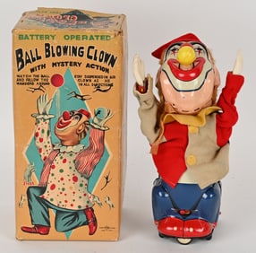 JAPAN BATTERY OP BALL BLOWING CLOWN w/ BOX