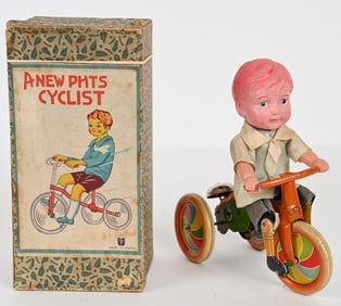 8" PRE-WAR WINDUP CELLULOID CYCLIST w/ BOX