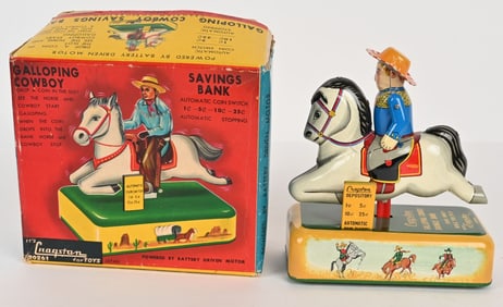 CRAGSTAN BATTERY OP GALLOPING COWBOY BANK w/ BOX