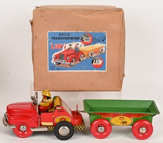 MARUSAN TIN FRICTION LION TRAILER TRACK CAR w/BOX