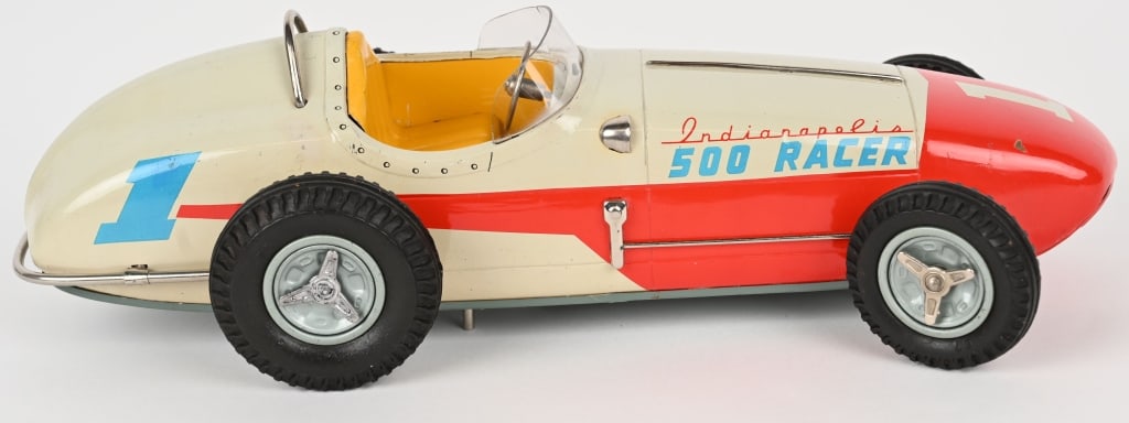 SEAR TIN BATTERY OP #1 INDIANAPOLIS 500 RACER: Made in Japan exclusive for Sears Roebuck. All original with nice colors and great design. Clean battery box. Worked when tested. 15" Excellent