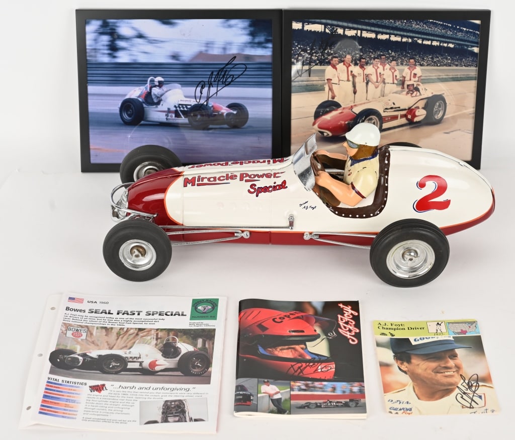 YONEZAWA TIN FRICTION CUSTOM AJ FOYT RACER: Custom Yonezawa tin friction AJ Foyt Miracle Power Special. Nicely restored using Champion 98 Racer toy. Friction not really working. Displays great. 18" Excellent Lot comes with AJ Foyt Autographed P