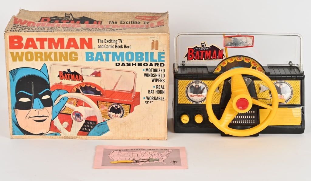 REMCO BATMAN WORKING BATMOBILE DASHBOARD w/ BOX: RARE Remco Batman Working Batmobile Dashboard. All original in great condition. Has Batman graphics throughout. Comes Key and Drivers License. Glove compartment door hinge broken. A very rare and wond