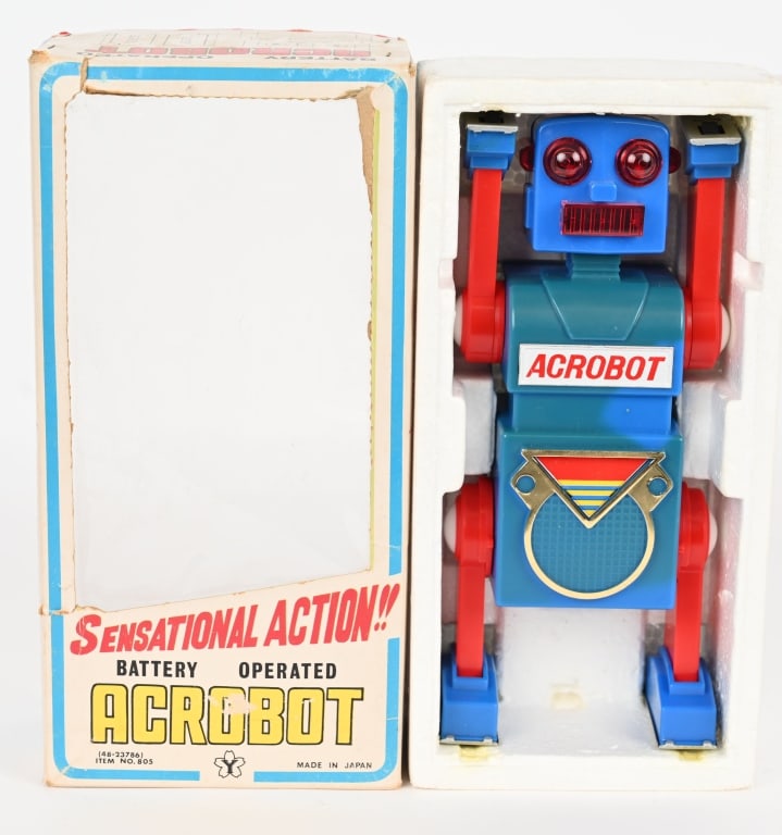 YONEZAWA BATTERY OP ACROBAT ROBOT w/ BOX: Japan battery operated Acrobat Robot. All original and looks never played with. Worked when tested. With window style Box 11" Excellent