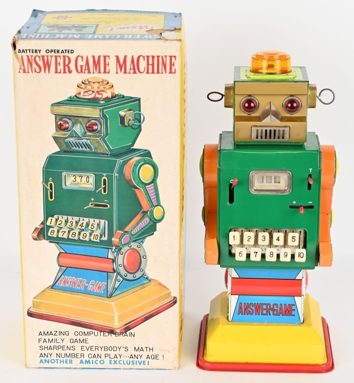 ISCHIDA ANSWER GAME MACHINE ROBOT w/ BOX: Japan battery operated Answer Game Robot. All original and complete. Exceptional colors and shine. Looks never played with condition. Battery Box is clean. All actions worked when tested. Robot Adds a
