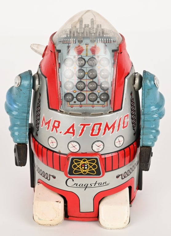 YONEZAWA BATTERY OP MR ATOMIC ROBOT: RARE Japan battery operated Mr Atomic. Silver variation. All original example. Has some normal wear. Original dome is cracked as per usual due to poor design. Missing one plastic side accent on head.