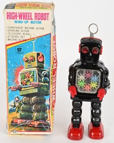 YOSHIYA TIN WINDUP HIGH-WHEEL ROBOT w/ BOX