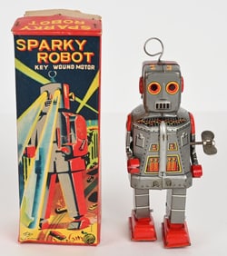 YOSHIYA TIN WINDUP LITHO SPARKY ROBOT w/ BOX