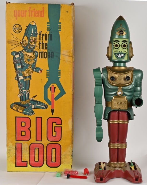 MARX BIG LOO GIANT MOON ROBOT w/ BOX: Marx Big Loo Giant Moon Robot. Wonderful example of this very desirable Marx Toy. Colors are nice and bright. Talking mech still works. Comes with his original accessories. With original Box. A very c
