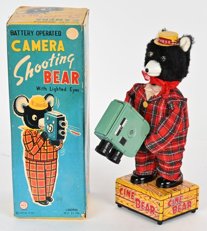 LINEMAR BATTERY OP CAMERA SHOOTING BEAR w/ BOX: Linemar battery operated Camera Shooting Bear. All original and complete. Worked when tested. Hard to find toy. Boxed 11" Excellent