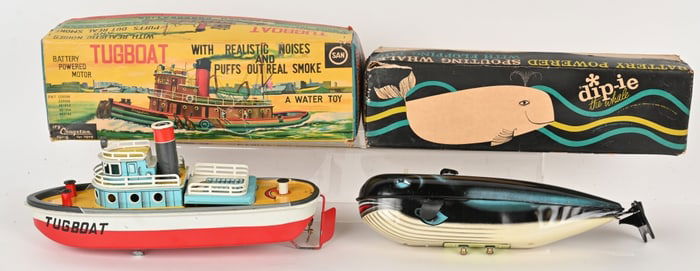 SPOUTING WHALE & TUGBOAT w/ BOXES