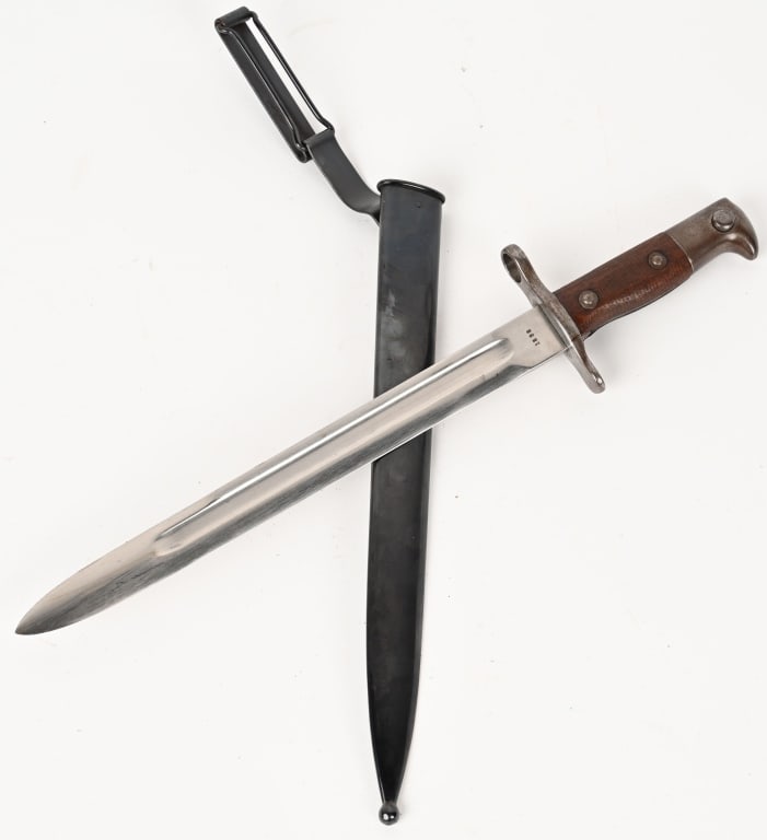 US SPRINGFIELD KRAG BAYONET 1898 DATED W/ SCABBARD: Krag – Jorgensen bayonet used on the model 1892 Krag rifle. It is the first knife-bayonet issued in the U.S. The Un-sharpened blade shows minimal to no wear. It measures approx. 11 & 13/16 inche