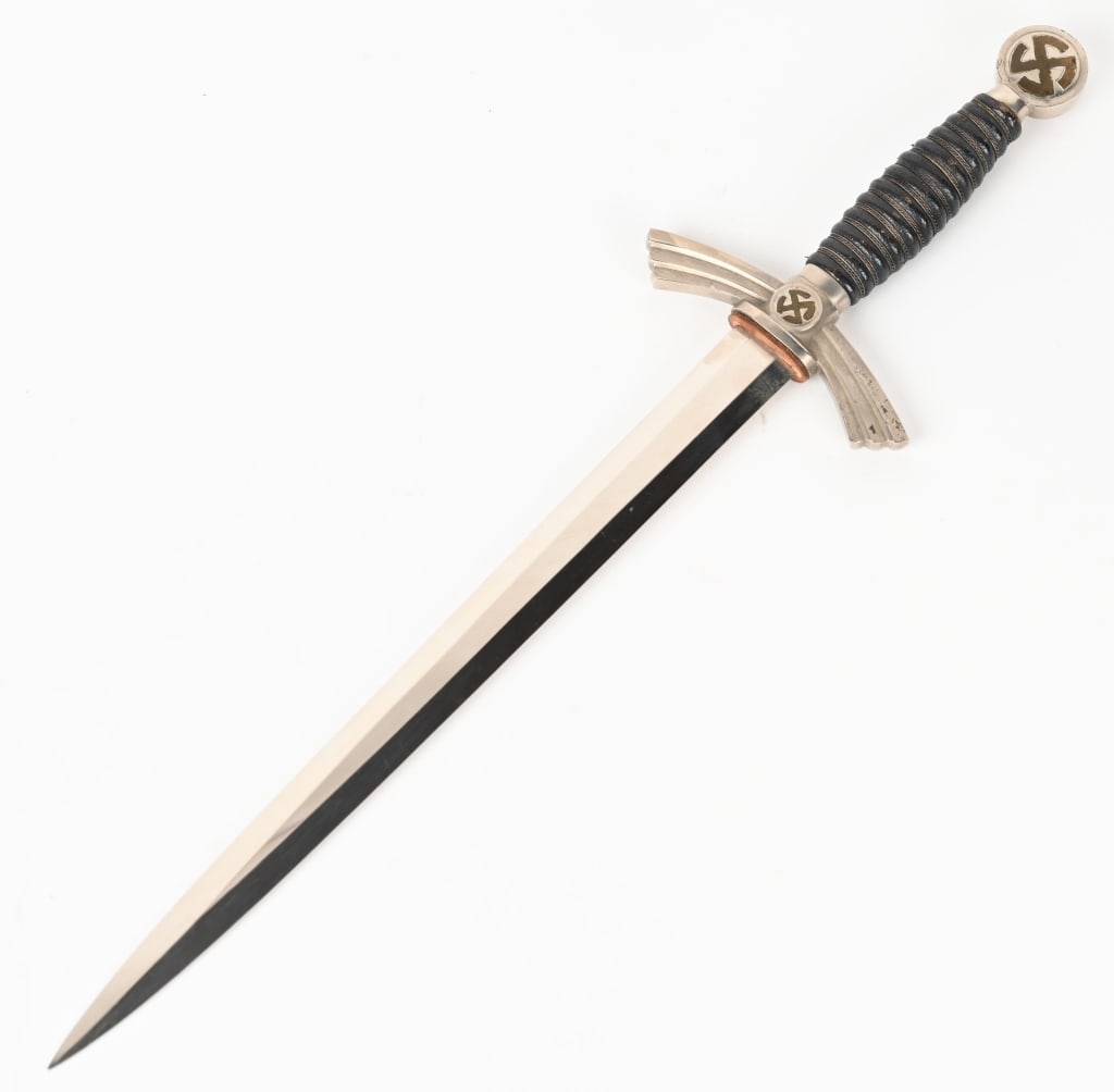 WWII NAZI GERMAN LUFTWAFFE DAGGER ZEITLER WEIN WW2: Early, roughly 31cm long, bright, nickel/silver plated, drop forged steel, double edged, stiletto style blade with a flat central plane. The blade is still very bright and clean and shows minimal ligh