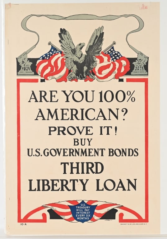 WWI PROPAGANDA POSTER LOT LIBERTY LOAN & MORE: WWI US Poster Lot includes Vivtory Liberty Loan Woman's Commitee30"x20", Buy US Goverment Bonds Good Bye Dad with Soldier 30"x20", and Are You 100% American Buy US Goverment Bonds 30"x20" All in great