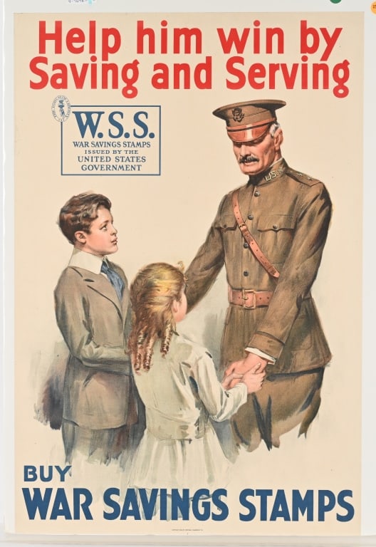 WWI PROPAGANDA BOND & WAR STAMP POSTERS LOT: WWI US Propaganda Poster Lot includes Ring It Again Liberty Bell Buy US Goverment Bonds Poster 30"x20", Save Your Child with Statue of Liberty Buy War Savings Stamps 30"x20", and Help Him Win with Per