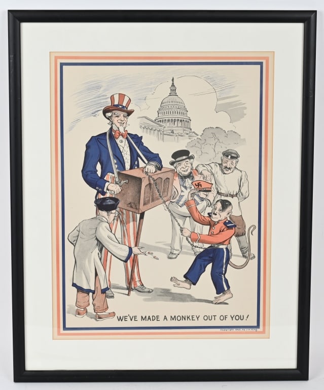 WWII UNCLE SAM & HITLER MONKEY POSTER WW2: 1943 Uncle Sam organ grinder and Hitler as a monkey Poster. Great image and colors. Frame measures 24 X 19 inches. Excellent