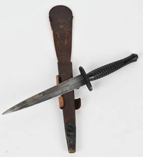 WWII BRITISH SYKES FAIRBAIRN FIGHTING KNIFE WW2: World War II era Fairbairn Sykes commando fighting knife. Blade is blued finish, near 40% with light wear at the tip and age wear. wood handle shows minimal wear and is solid. The scabbard is in excel