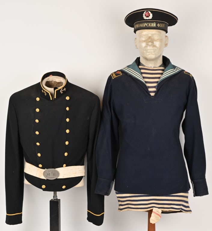 US NAVAL ACADEMY & SOVIET UNION NAVY JUMPER & CAP: US & Soviet Union Navy uniform grouping to include 1) US Midshipman US Naval Academy Uniform Jacket with Web Belt and Buckle that is roughly a size 36 2) Soviet Union Naval Jumper with Donald Duck Cap