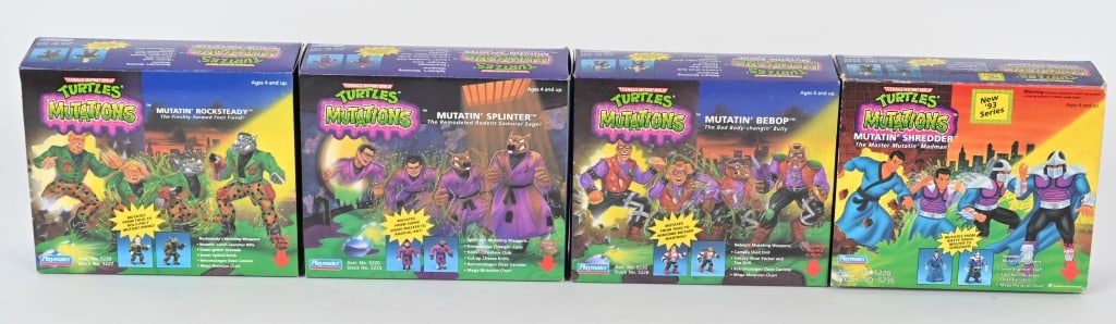 4- 1992 TEENAGE MUTANT NINJA TURTLES MUTATIONS: 1992 Teenage Mutant Ninja Turtles Mutations. Includes Rocksteady, Splinter, Bebop, and Shredder. All mint sealed in Boxes