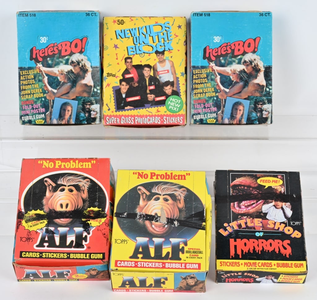 LITTLE SHOP OF HORRORS, ALF, BO, & MORE CARDS: Full wax boxes of Topps Alf, Alf 2nd series, Little Shop of Horrors, New Kids on the Block, and 2- Fleer Heres Bo.