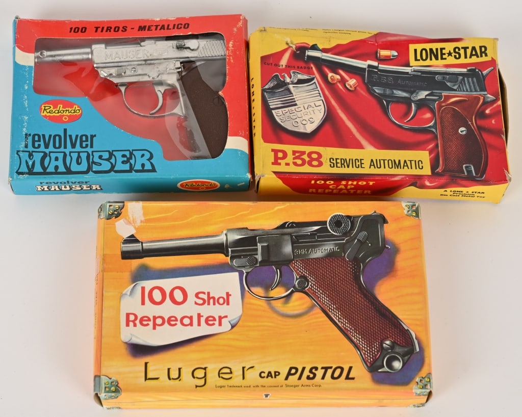 LUGER, MAUSER, & P-38 CAP GUNS w/ BOXES: Includes Lone Star Luger, Redondo Mauser, and Lone Star P-38. All original in great shape. All Boxed. largest 8" Excellent