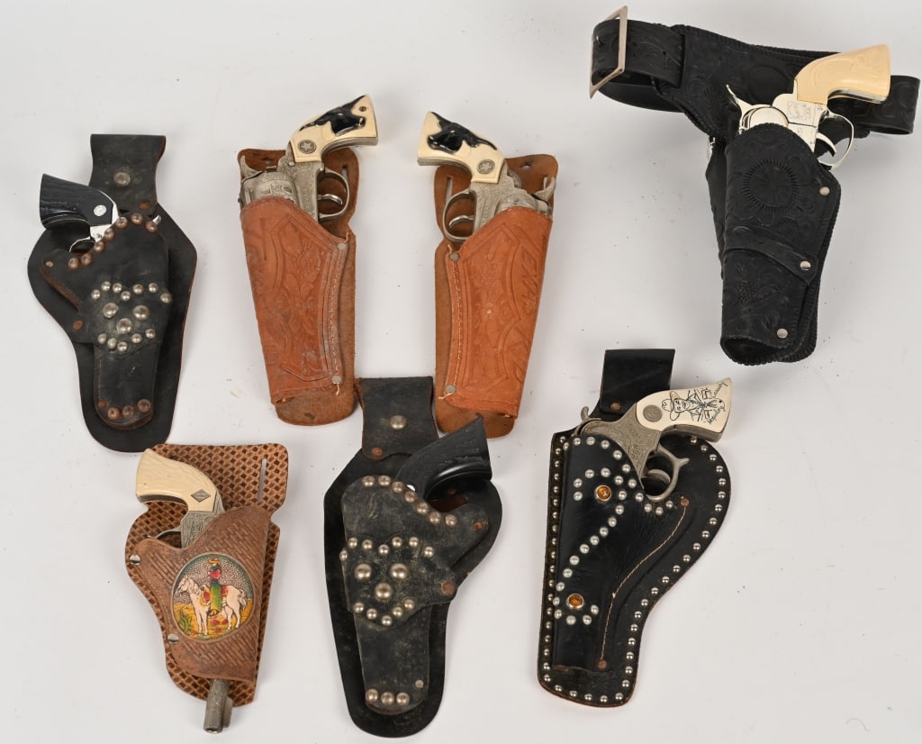 CAP GUN & HOLSTER LOT: includes Texas Ranger, Hopalong Cassidy, Fanner 50 Set, Cowman, Texan Jr Set, and More. All with Holsters. All in nice original condition. AS-IS