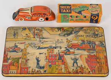 MARX TIN WINDUP TRICKY TAXI w/ BOX & BUSY STREET