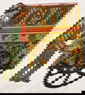 HANS EBERL TIN WINDUP ANTONIO ORGAN GRINDER: German tin windup Antonio Organ Grinder. Windup worked when tested. The toy moves forward then stops and Antonio cranks the Organ producing a plink plink sound. Wonderful colors. Missing dog. Very Goo