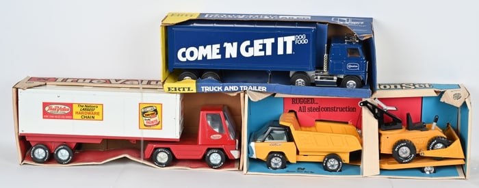 3- NYLINT & ERTL PRESSED STEEL TRUCKS w/ BOXES