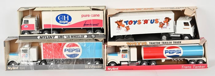 4- NYLINT & ERTL PRESSED STEEL TRUCKS w/ BOXES