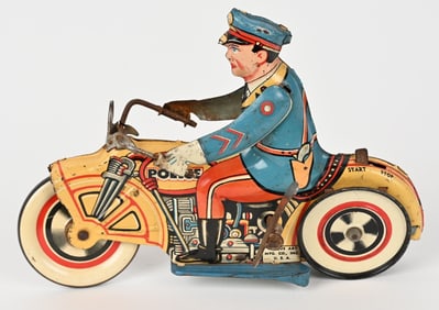 UNIQUE ART TIN WINDUP POLICE MOTORCYCLE