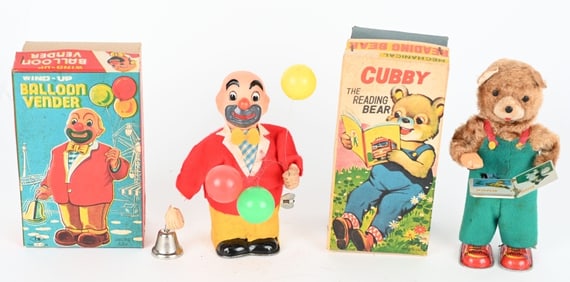 JAPAN TIN WINDUP CLOWN & BEAR w/ BOXES