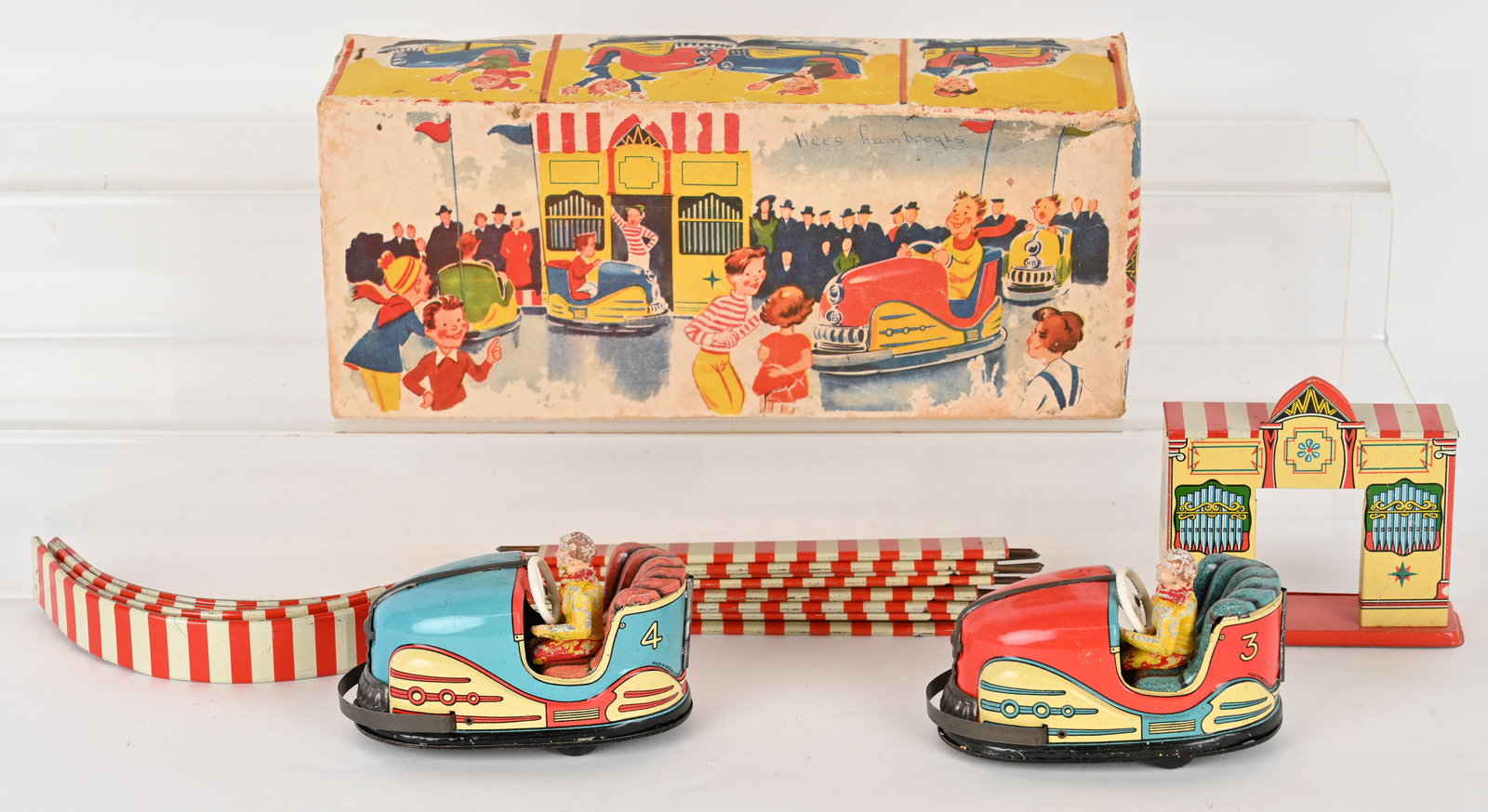 GERMAN TIN WINDUP BUMPER CAR SET w/ BOX (1 of 6)