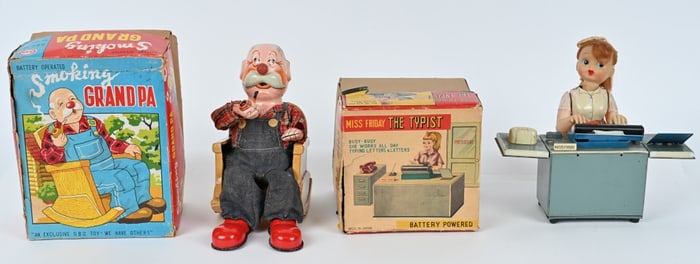 2- JAPAN BATTERY OP TYPIST & GRANDPA w/ BOXES