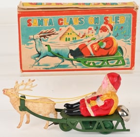JAPAN CELLULOID WINDUP SANTA SLEIGH w/ BOX