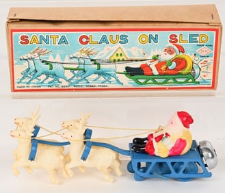 JAPAN CELLULOID WINDUP SANTA SLEIGH, w/ BOX