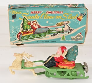 JAPAN WINDUP CELLULOID SANTA SLEIGH & TREE w/ BOX