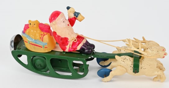 JAPAN CELLULOID WINDUP SANTA SLEIGH w/ LANTERN