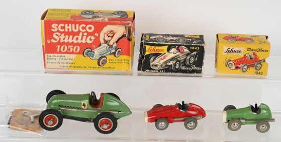 3- GERMAN SCHUCO TIN WINDUP RACE CARS w/ BOXES