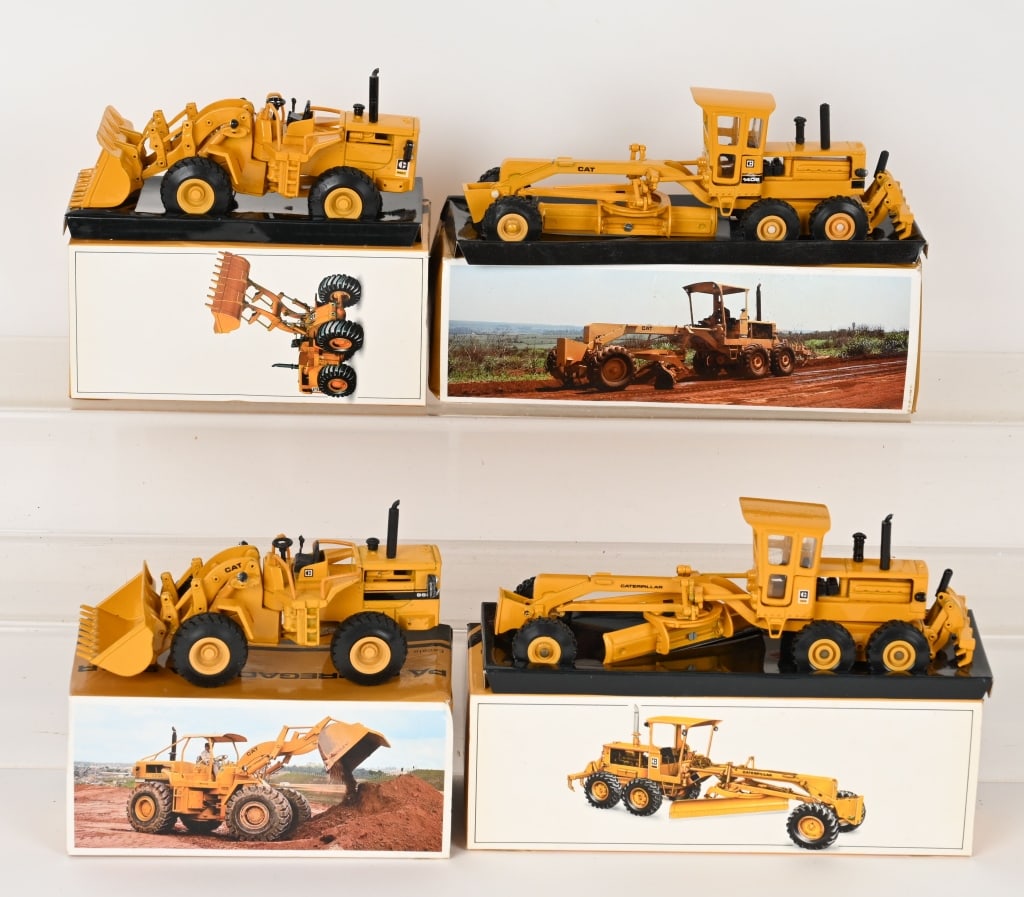 4- ARPRA SUPERMINI CATERPILLAR GRADERS & LOADERS: Includes 1:50 Scale 2-140B Scrapers, 966C Wheel Loader, and 966R Wheel Loader. All new in Boxes