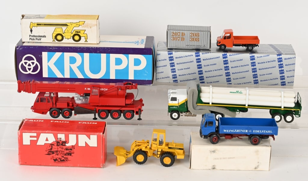 CONRAD DIECAST CONSTUCTION EQUIPMENT & MORE: Conrad diecast in various scales. Includes Krupp 80 GMT Crane, Semi Truck, Faun front End Loader, Mercedes Benz Truck, P&H Rough Terrain Crane, and Mercedes Benz van. All new in Boxes