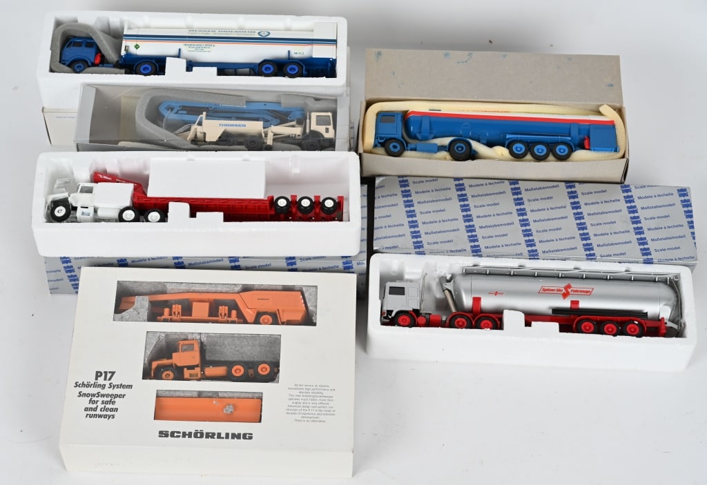 CONRAD DIECAST SEMI TRUCKS & MORE: Conrad diecast in different scales. Includes 5 Semi Trucks and Trailers and Schorling Snow Sweeper Set. All new in Boxes