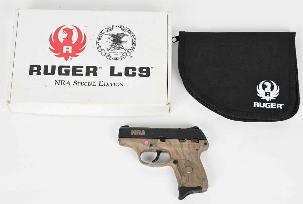 RUGER LC9 SEMI-AUTO NRA CAMMO SPECIAL EDITION: SERIAL NUMBER: NRA112144. BARREL: 3". CALIBER: 9mm. MANUFACTURED: This pistol is a Special Edition NRA version with camouflage frame. Comes with 3-dot sight system, windage adjustable sight and fixed 